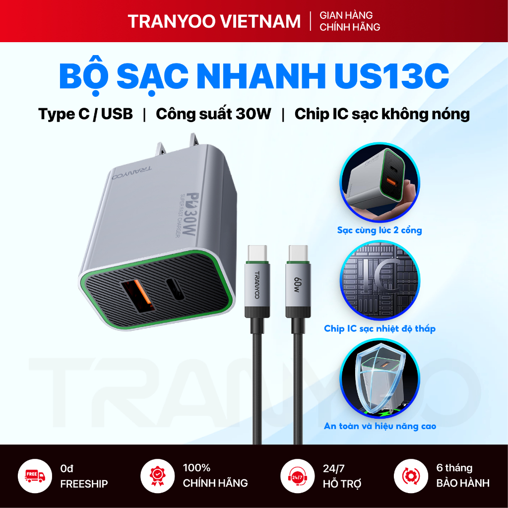Bộ Sạc Nhanh TRANYOO US13 Cổng Type C | USB Hỗ Trợ Sạc Nhanh PD 30W Sạc Nhanh và Mat Hơn với Chip IC