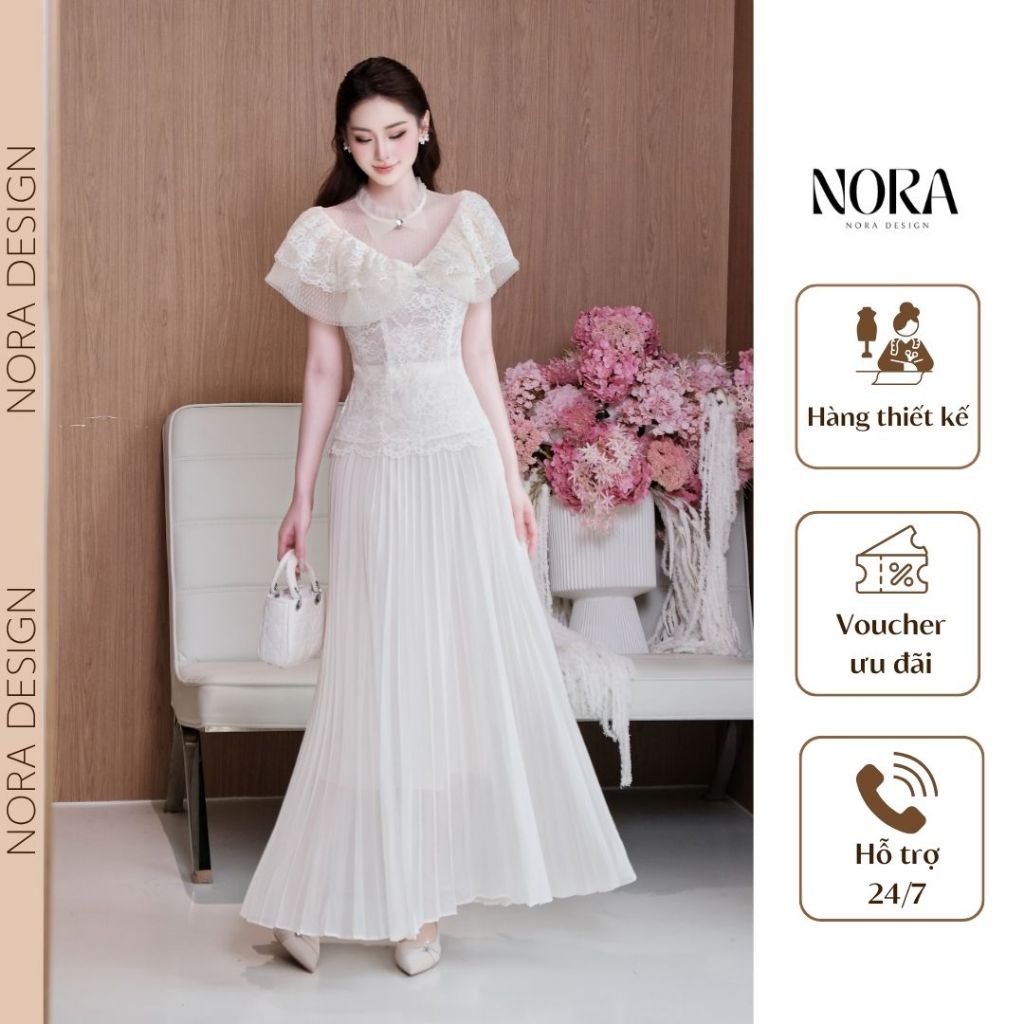 Set Váy Dự Tiệc Cao Cấp NORA, Áo Ren Hàn Phối Lưới Đính Nơ Kèm Chân Váy Dài Dập Ly Quạt Lót Lụa S1114