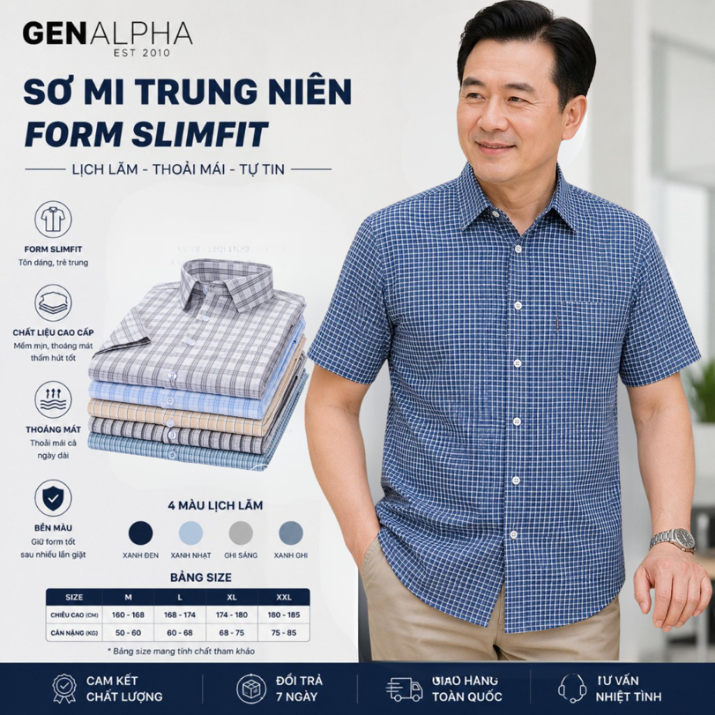 Áo Sơ Mi Nam Trung Niên Tay Ngắn GENALPHA Vải Lụa Co Giãn Mềm Mịn Form Rộng Có Túi Ngực Sang Trọng