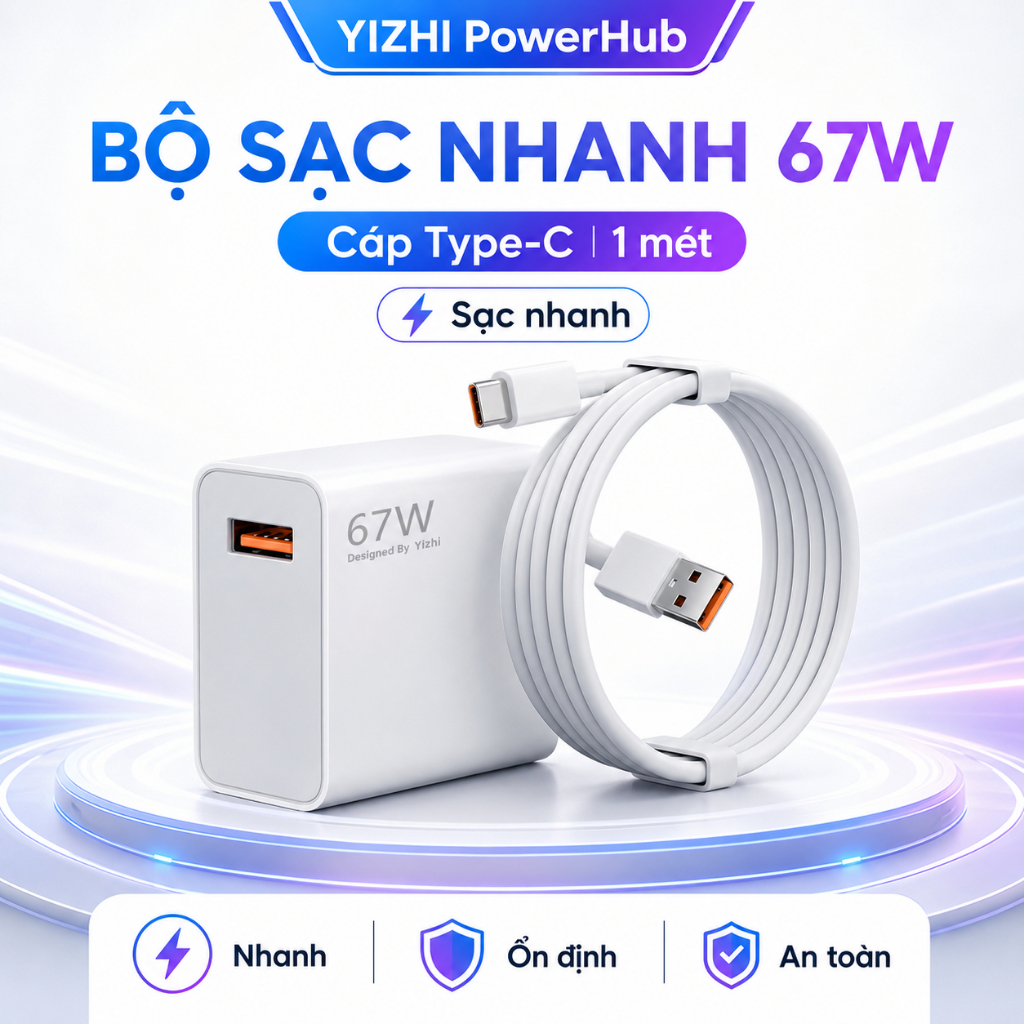 Sạc Nhanh 67W Củ Sạc USB-A Kèm Cáp Type-C 6A Bộ Sạc Cho Xiaomi Redmi POCO Android