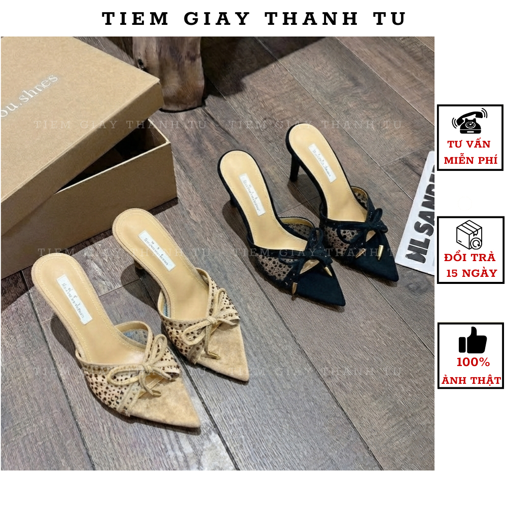 7 [TIEMGIAYTHANHTU] Guốc Cao Gót Nữ Mũi Nhọn Lưới Đính Đá - Guốc Cao Gót Thắt Nơ Sang Chảnh Hot Trend 2026
