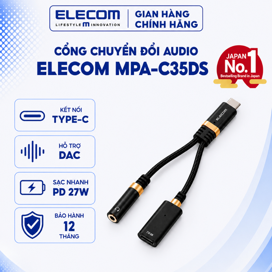 Cổng Chuyển Đổi Audio Elecom MPA-C35DSPDBK Type-C Sang Jack 3.5mm+Type-C Hỗ Trợ DAC,Sạc Nhanh PD 27W