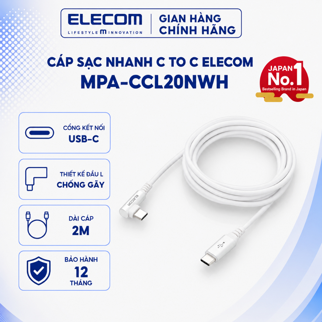 Cáp sạc nhanh Elecom MPA-CCL20N, USB-C to USB-C, Sạc nhanh PD 60W, Đầu nối L, 5 lớp siêu bền, dài 2m