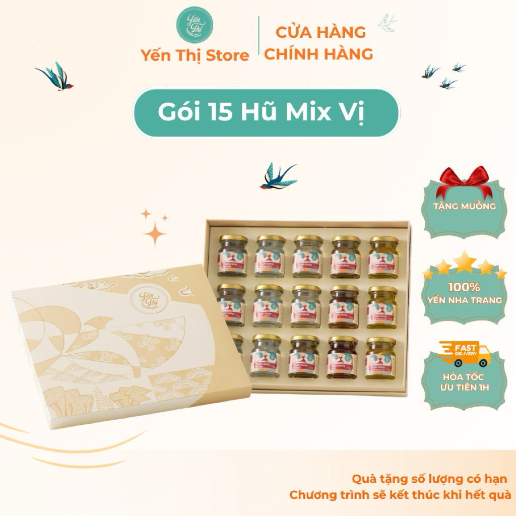 [Quà Tặng cao cấp] Yến Thị – Gói quà 15 hũ – Yến sào Khánh Hoà chưng sẵn – hũ 70ml,750mg yến khô