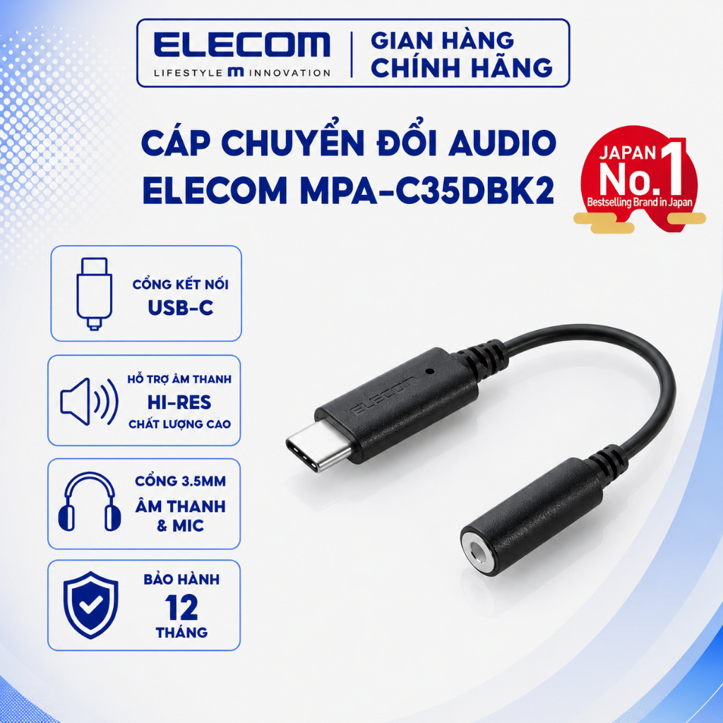 Cổng chuyển đổi Audio Elecom MPA-C35DBK2 | Type-C to Jack 3.5mm, Hỗ trợ DAC | Màu đen