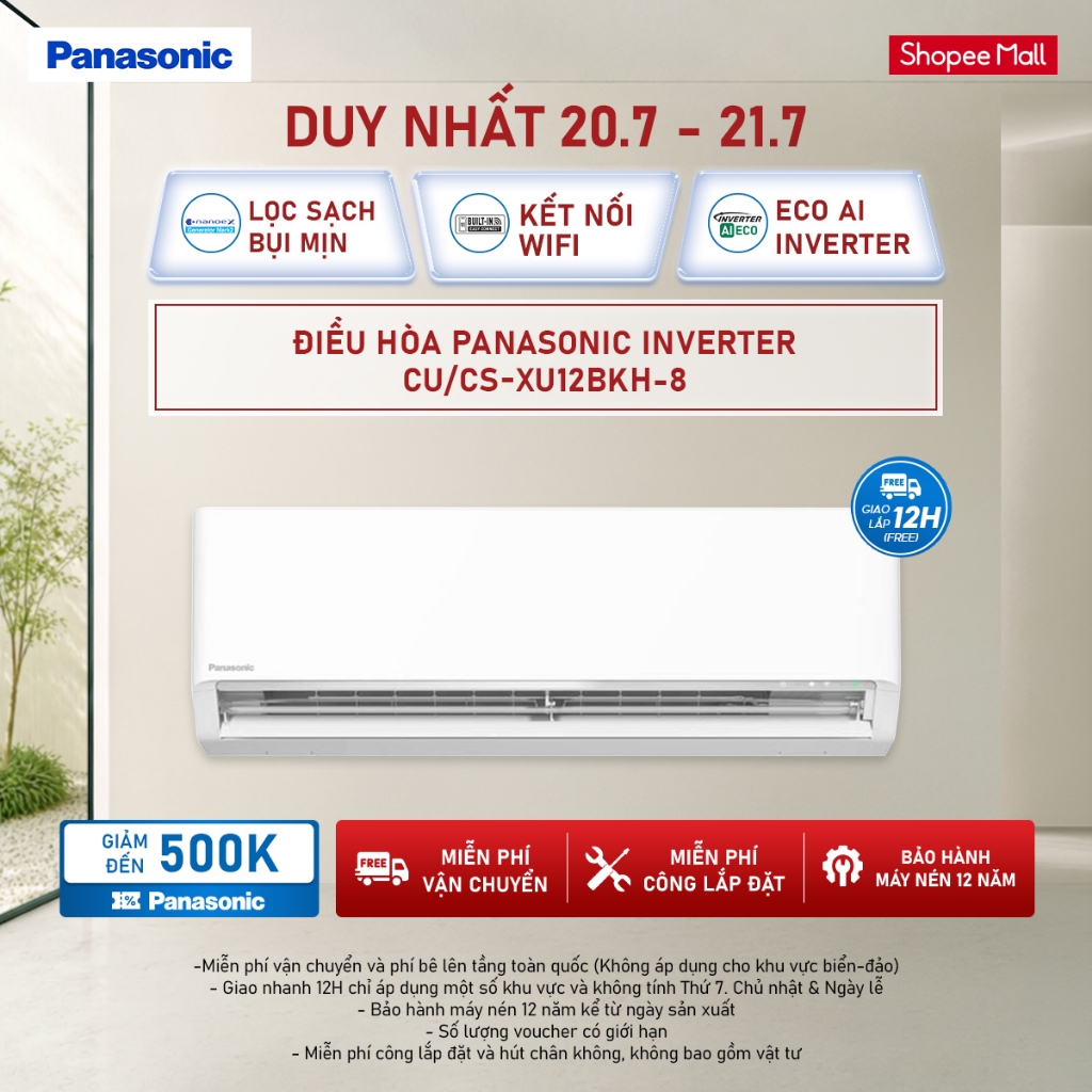 Máy lạnh/Điều hòa Panasonic Inverter CU/CS-XU12BKH-8 -1.5HP-1 chiều-ECO AI