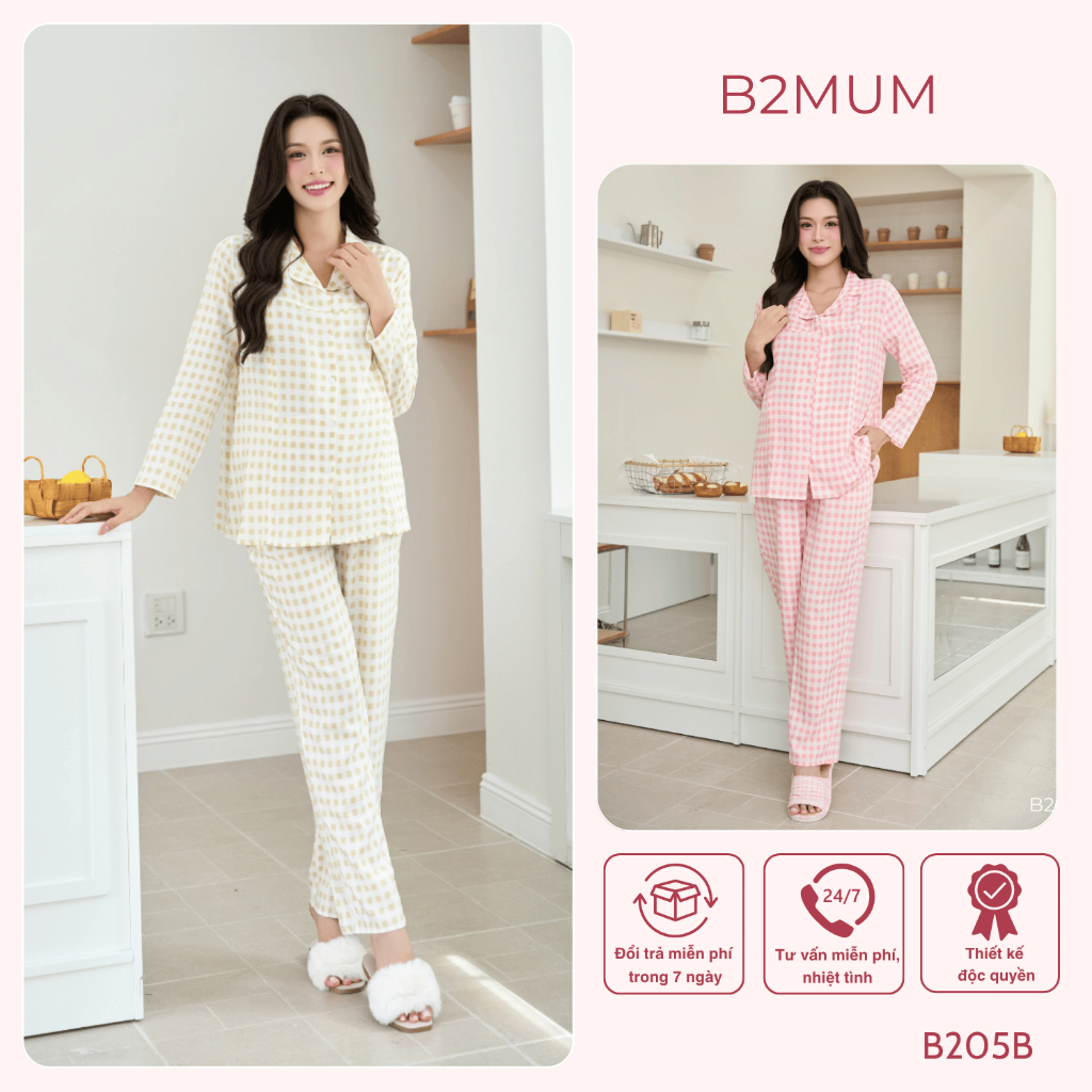 [BỘ TAY DÀI] kẻ caro chất mềm mại, khóa dọc ti tiện lợi cho con bú phù hợp với mẹ bầu và sau sinh - B205B B2MUM