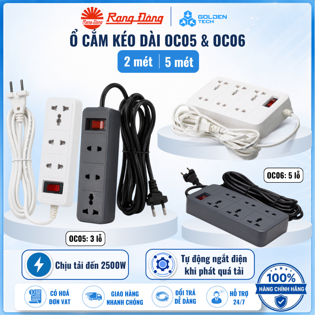(Chính hãng) Ổ cắm điện đa năng 2500W Rạng Đông - Công tắc an toàn - 3 và 6 lỗ cắm - OC05 và OC06