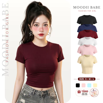 Áo Thun Cotton Croptop Nữ Ôm Body Cổ Tròn Cộc Tay Trơn Basic, Áo Croptop Tay Ngắn Moodii Babe MB06