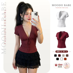 Áo nữ ôm body cổ V phối ren thắt nơ phong cách Y2K chất thun mịn thoáng mát Moodii Babe