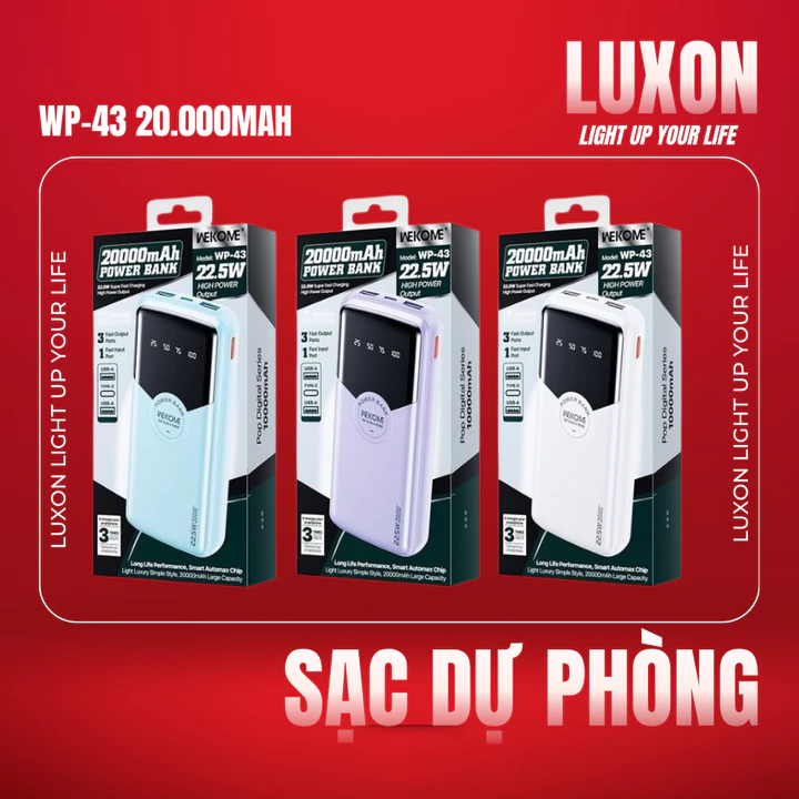 Sạc Dự Phòng 20000mAh WEKOME WP-43 Sạc Nhanh 22.5W PD 20W - Pin Sạc Dự Phòng Dung Lượng Lớn Cho điện thoại