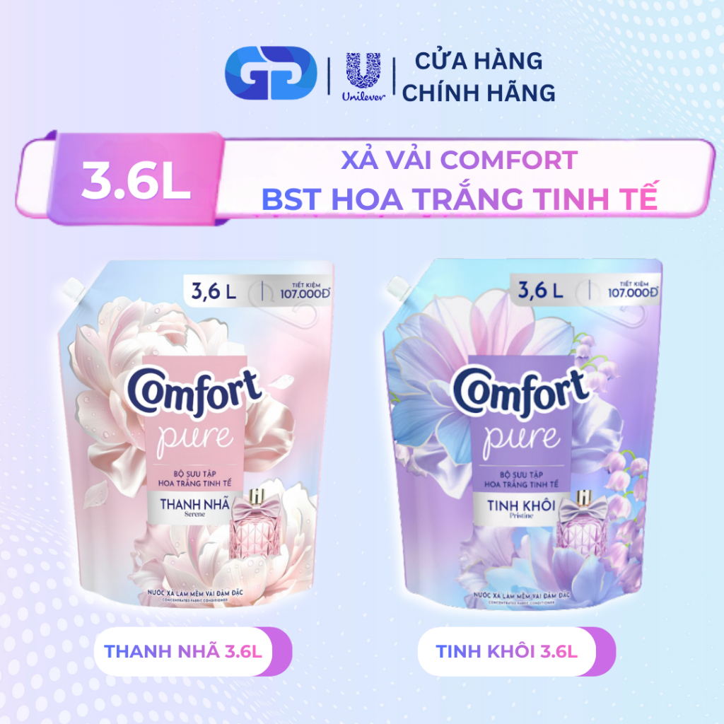 Nước Xả Vải 3.6L Comfort Pure Tinh Khôi, Thanh Nhã Đậm Đặc Mềm Vải Lưu Hương Lâu Phơi Trong Nhà