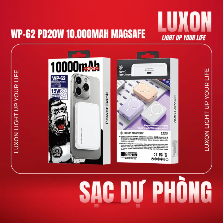 Sạc Dự Phòng Không Dây WEKOME WP-62 MagSafe - Pin Sạc Dự Phòng Hít Từ Tính Sạc Nhanh Cho iPhone 12 13 14 15 16 17