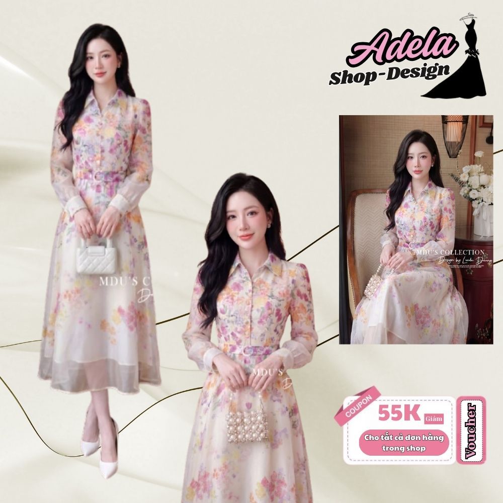 Váy Thiết Kế ADELA DESIGN Tơ Xước Họa Tiết Hoa Dáng Xòe Thanh Lịch MDU4915