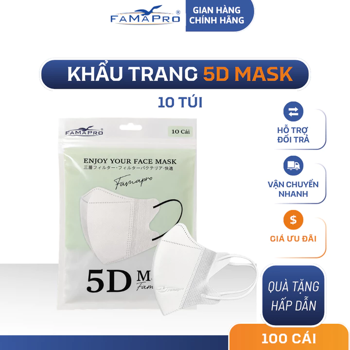 [Combo 100 Chiếc] Khẩu Trang 3 Lớp 5D Mask Quai Chun Nhỏ Nam Anh Famapro Túi 10 Chiếc