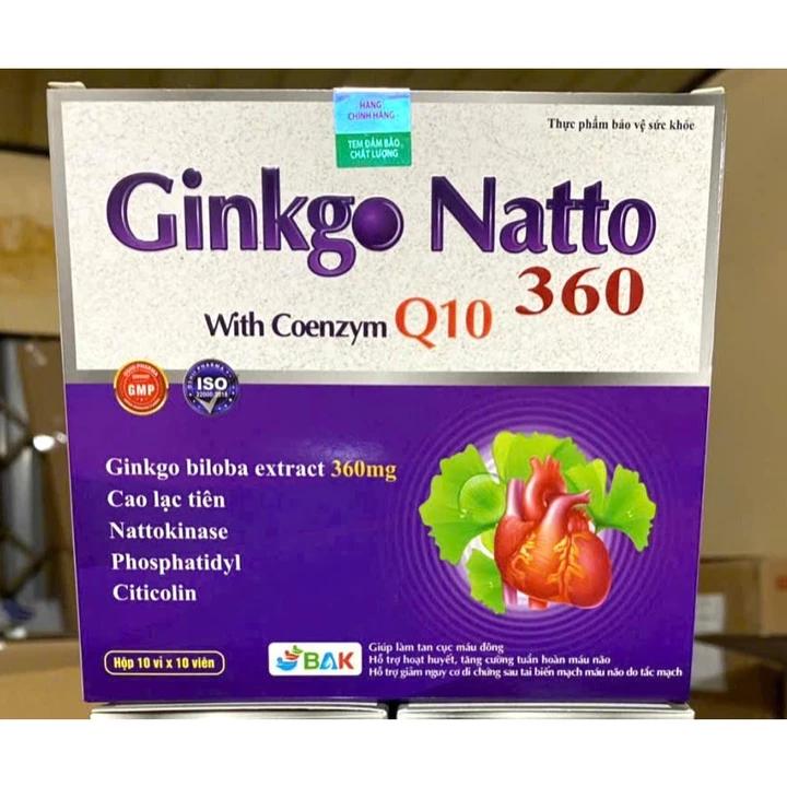 Ginkgo Natto 360 Q10 HOẠT HUYẾT DƯỠNG NÃO bổ sung dưỡng chất cho não giảm đau đầu chóng mặt ngủ ngon viên