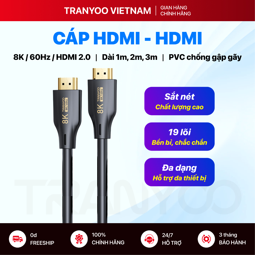 Cáp HDMI to HDMI TRANYOO G1 8K | 60Hz | HDMI 2.0 Đầu Mạ Vàng Phụ Hợp Cho PC, Laptop, TV, Máy Chiếu