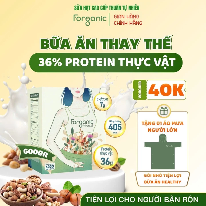 Sữa Hạt Thay Thế Bữa ăn Forganic - Sữa hạt thuần chay 20 loại hạt bổ sung đạm thực vật 36% - Hộp 600G (20 Gói)