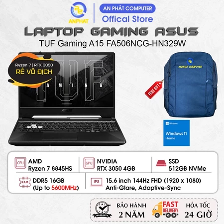 Laptop ASUS TUF Gaming A15 FA506NCG-HN329W, Ryzen 7 8845HS, RTX 3050 4GB, 15.6 FHD 144Hz, 16GB, 512GB, Win11