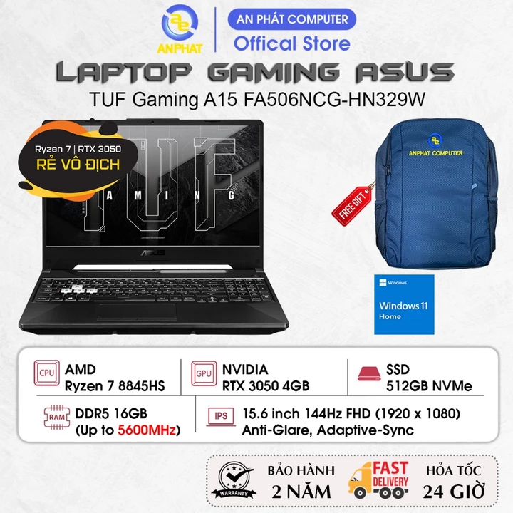 Laptop ASUS TUF Gaming A15 FA506NCG-HN329W, Ryzen 7 8845HS, RTX 3050 4GB, 15.6 FHD 144Hz, 16GB, 512GB, Win11
