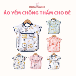 Áo Yếm Ăn Dặm Cộc Tay Chống Thấm Có Máng Hứng Rộng Cho Bé Nhiều Họa Tiết Đáng Yêu