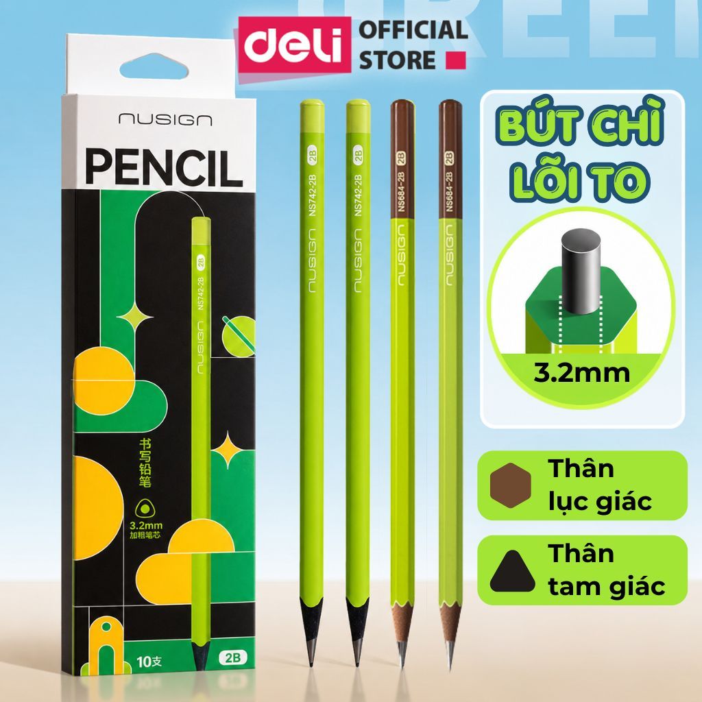 Bút Chì Gỗ 2B HB Deli Nusign Lõi To 3.2mm Chì Đậm Màu Matcha Xanh Lá Socola Cho Học Sinh Văn Phòng