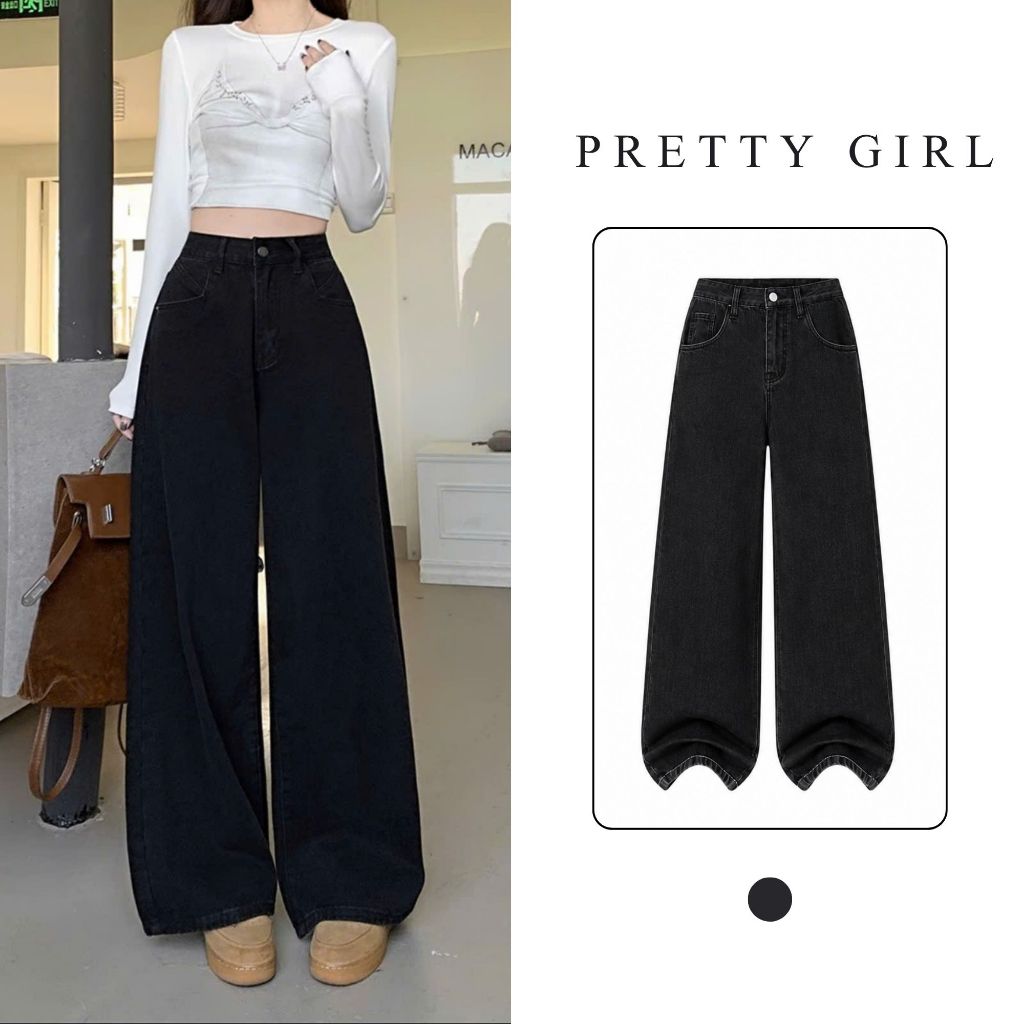 Quần Jean Ống Suông Rộng JSR05 Màu Đen Trơn Pretty Girl Basic Dễ Phối Đồ Chất Denim Mềm Phong Cách