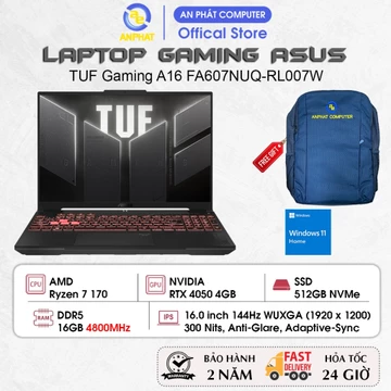 Laptop ASUS TUF Gaming A16 FA607NUQ-RL007W, Ryzen 7 170, RTX 4050 6GB, 16.0 FHD+ 144Hz, 16GB, 512GB, Win11