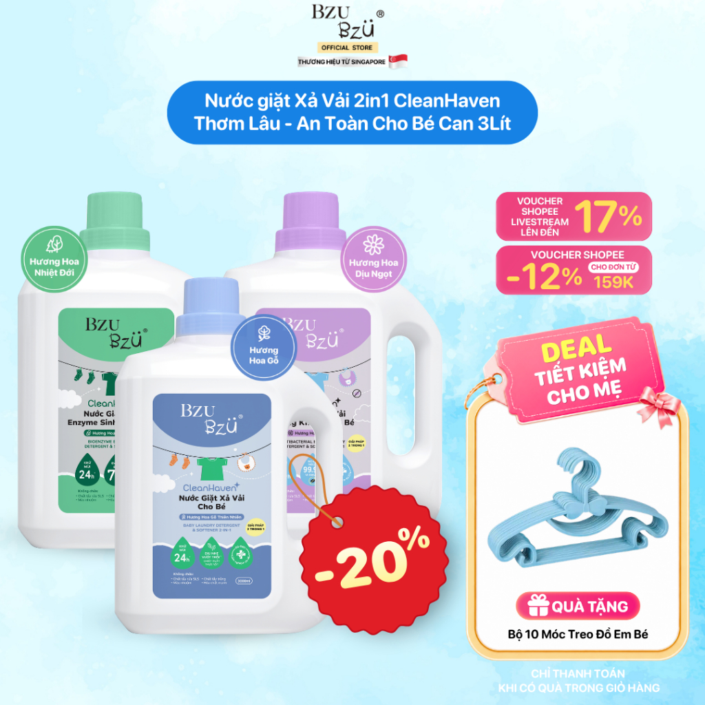 Can 3 Lít Nước Giặt Xả Vải BZU BZU Cho Bé Sơ Sinh Thơm Lâu - An Toàn Cho Bé CleanHaven 3 Mùi Hương