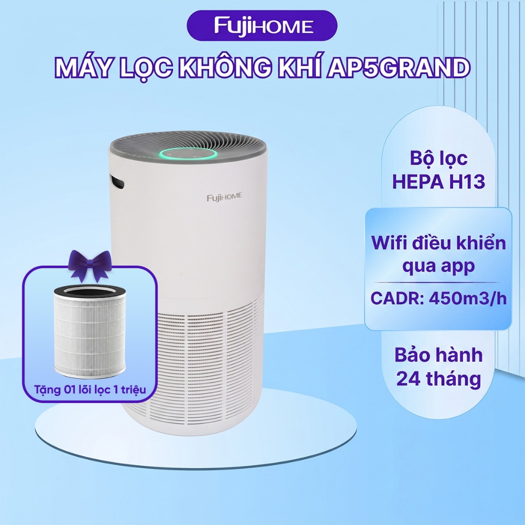 [TẶNG LÕI LỌC] Máy lọc không khí CADR 450m³/h FUJIHOME AP5GRAND phù hợp diện tích 32-50m2, BH 2 năm