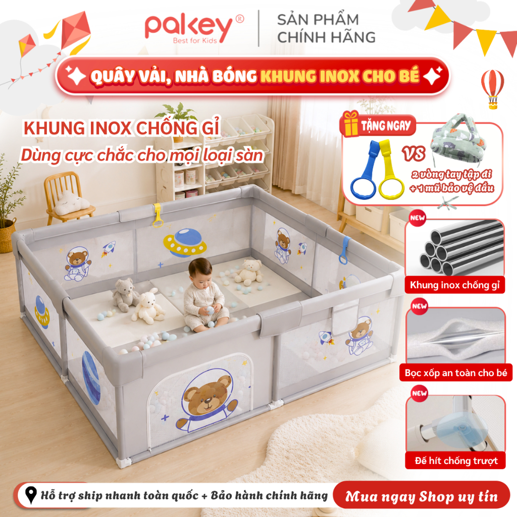 Quây Bóng Vải, Nhà Bóng Cho Bé Pakey Khung Inox Dày, Bảo Hành 1 Năm, Tháo Lắp Dễ Dàng Nhanh Chóng