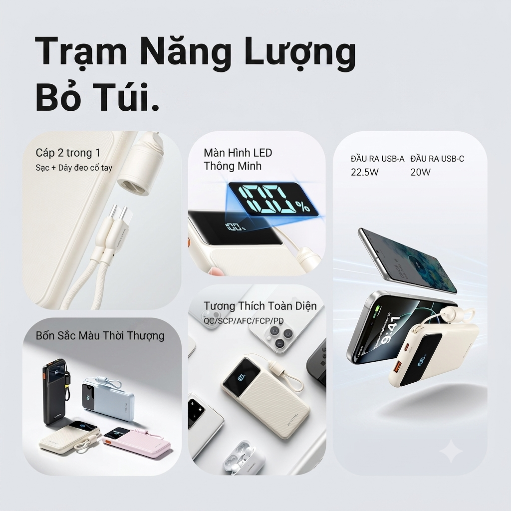 Pin Sạc Dự Phòng 20000mAh Vention 22.5W, Đạt Chuẩn 3C, 2 Cổng USB-A/C Kèm Dây Sạc Type C Màn LED Cho Điện Thoại Laptop | BigBuy360 - bigbuy360.vn