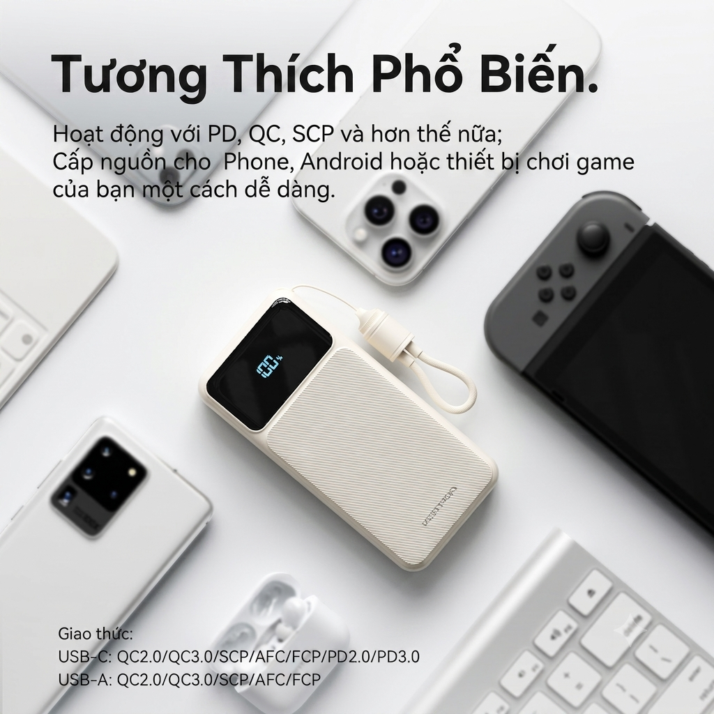 Pin Sạc Dự Phòng 20000mAh Vention 22.5W, Đạt Chuẩn 3C, 2 Cổng USB-A/C Kèm Dây Sạc Type C Màn LED Cho Điện Thoại Laptop | BigBuy360 - bigbuy360.vn