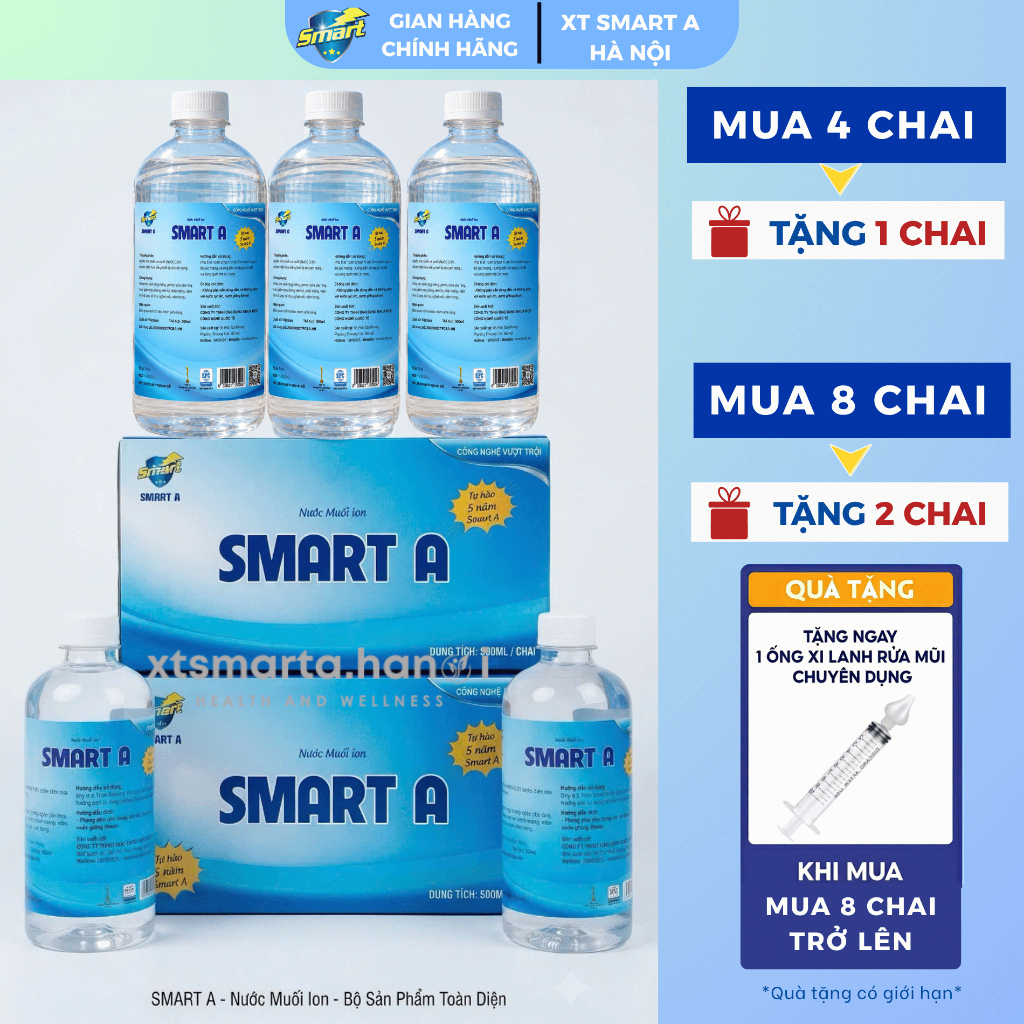 Thùng 4 và 8 Chai Nước muối Smart A 0,5% Dung dịch sát khuẩn  Anolyte (Nước A), vệ sinh răng miệng