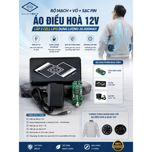 Bộ Mạch + Vỏ + Sạc Pin Áo Điều Hoà 12V, Lắp 2 cell Lipo dung lượng 20.000mah