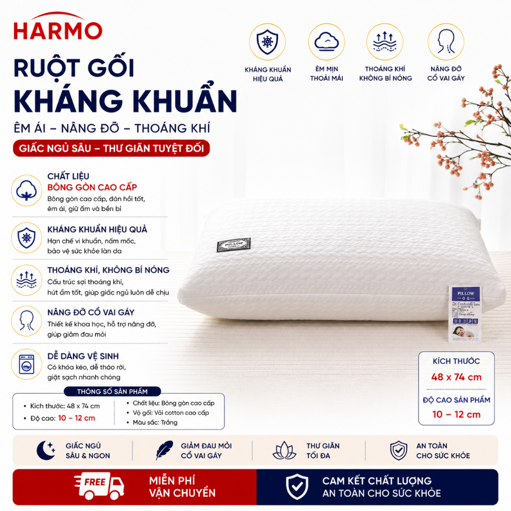 Ruột gối chần xoắn lúa mạch Harmoniedecor kháng khuẩn chống xẹp lún kích thước tiêu chuẩn 48X74