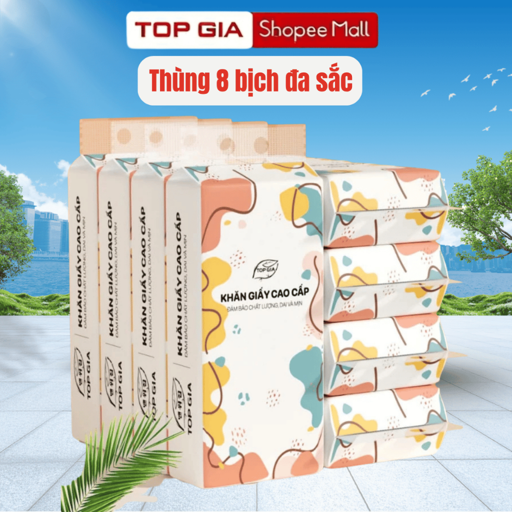 Thùng 8 bịch khăn giấy treo tường Top Gia đa sắc làm từ 100% bột gỗ nguyên sinh