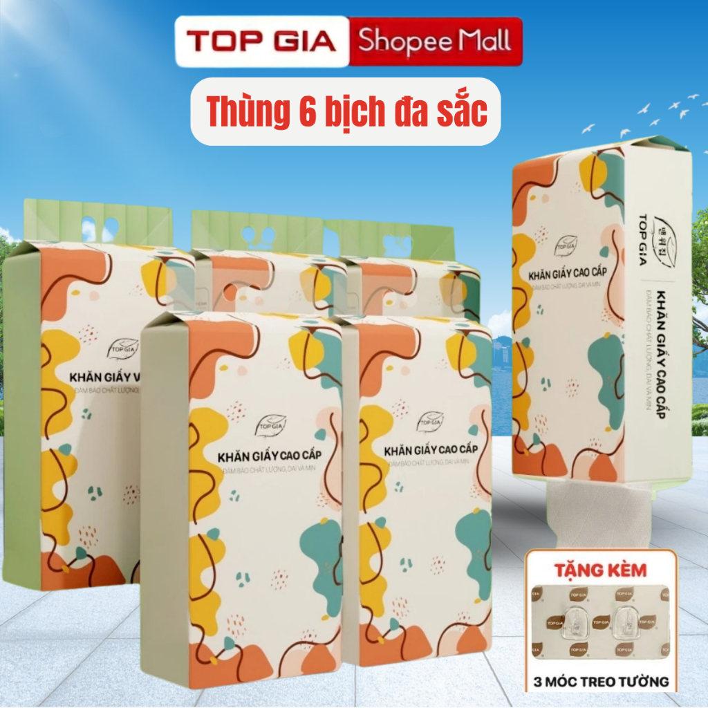 Giấy Rút Đáy Treo Tường TOPGIA đa sắc, bịch 1280 tờ, khăn giấy đa năng dập vân 4D siêu dai, mềm mịn và an toàn