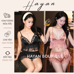 HT33 Bộ ngủ 2s sexy cổ xẻ croptop kèm ĐỆM LÓT,đồ ngủ lụa phối ren mặc nhà tôn dáng HT33