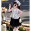 Đầm thiết kế cho bé gái, Đầm tiệc cho bé gái, Váy 2 dây liền thân mix áo ren trắng 12-35kg Sunny Kids
