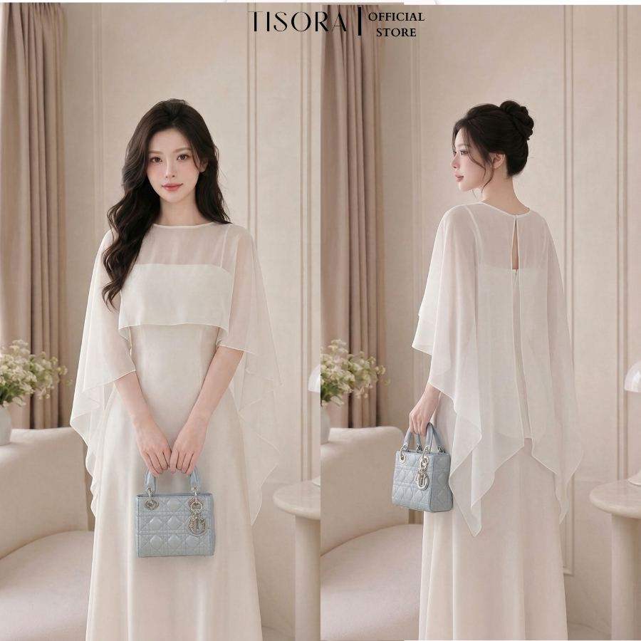 Áo choàng Tisora vải voan tơ nút gài mềm mại, khí chất sang chảnh phối đầm tiệc, đi biển C02