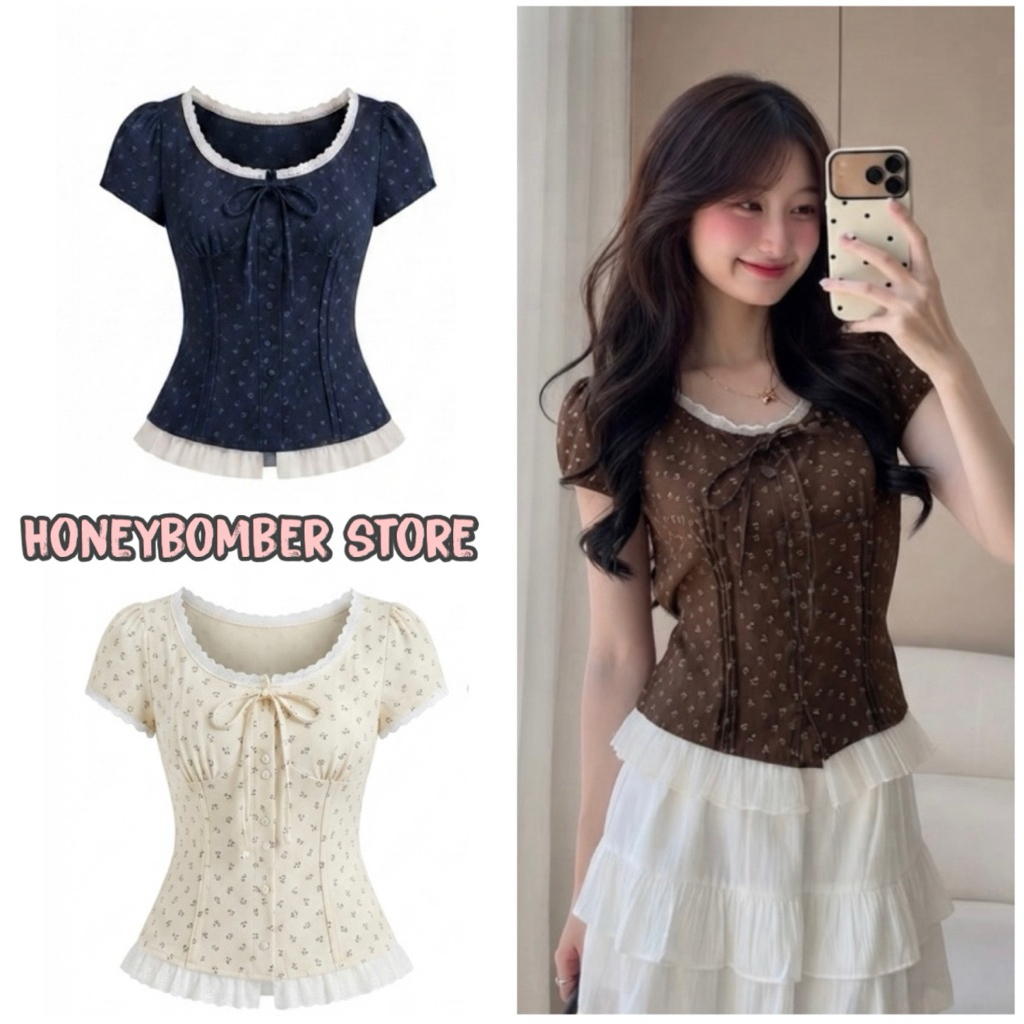 Áo Babydoll Viền Tơ Bèo Nơ Hoa Nhí [FREESHIP]🌸Áo Kiểu Nữ phong Cách Ulzzang🌸 | BigBuy360 - bigbuy360.vn