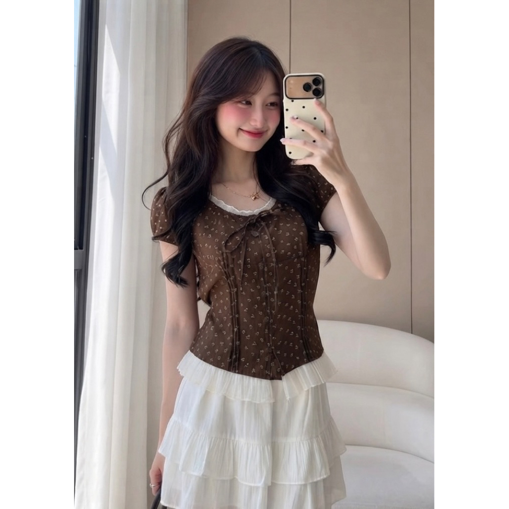 Áo Babydoll Viền Tơ Bèo Nơ Hoa Nhí [FREESHIP]🌸Áo Kiểu Nữ phong Cách Ulzzang🌸 | BigBuy360 - bigbuy360.vn