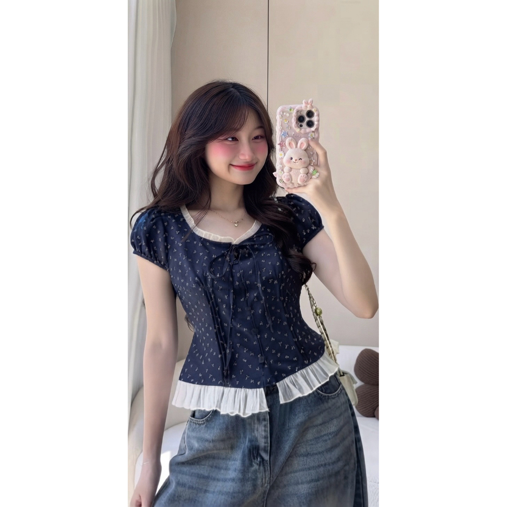 Áo Babydoll Viền Tơ Bèo Nơ Hoa Nhí [FREESHIP]🌸Áo Kiểu Nữ phong Cách Ulzzang🌸 | BigBuy360 - bigbuy360.vn