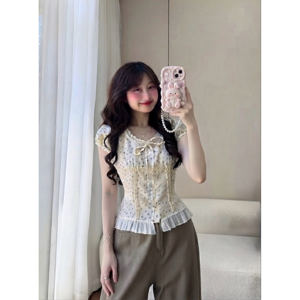 Áo Babydoll Viền Tơ Bèo Nơ Hoa Nhí [FREESHIP]🌸Áo Kiểu Nữ phong Cách Ulzzang🌸 | BigBuy360 - bigbuy360.vn