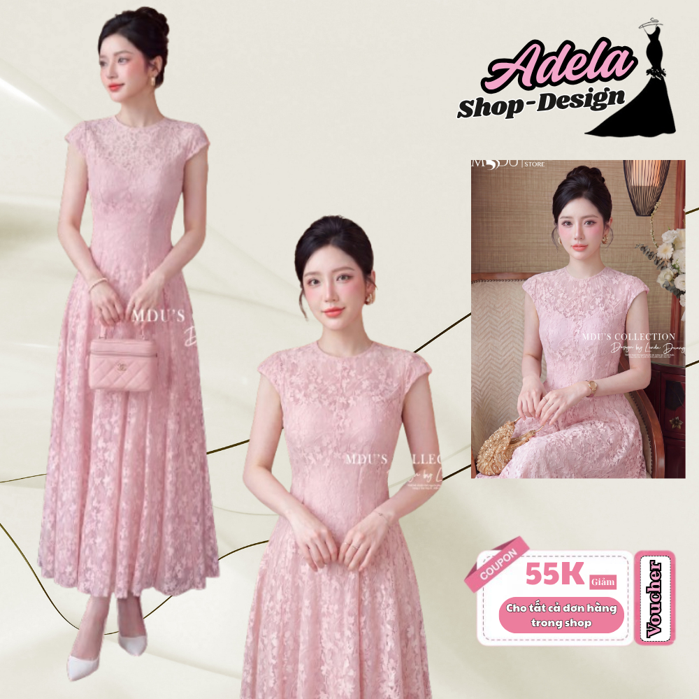 Váy Dự Tiệc ADELA DESIGN Chất Ren Họa Tiết Nổi Dáng Xòe Dài Hồng Pastel MDU6508