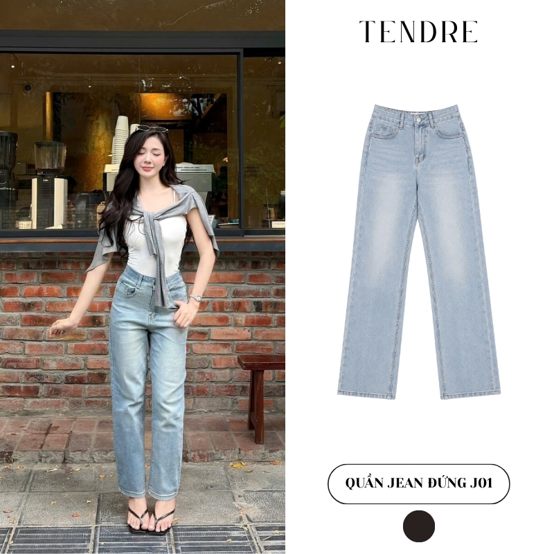 TENDRE - Quần Jeans Ống Đứng Xanh Nhạt Cạp Thấp  Tôn Dáng, Co Giãn Nhẹ, Phong Cách Hàn Quốc J01