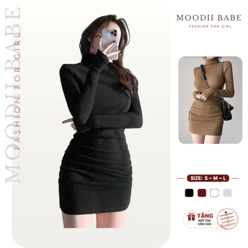 Đầm Body Nhún Hông Cổ Cao MOODII BABE - Đầm Body thun Gân Dáng Ôm Ngắn – Đầm Ôm Tôn Dáng Sexy Đi Chơi Đi Tiệc