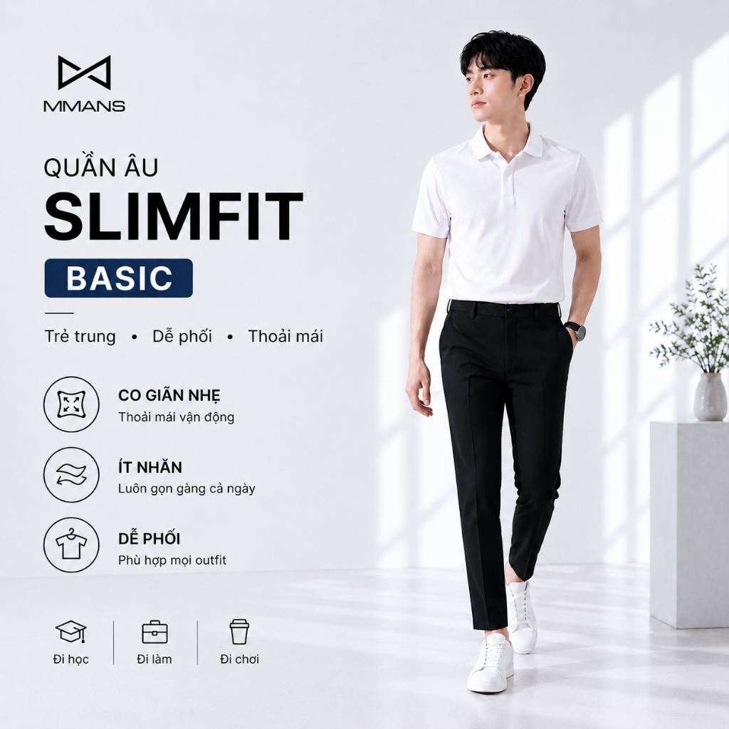 Quần âu nam MMANS chất vải vitex ống côn co giãn dáng slimfit ôm body