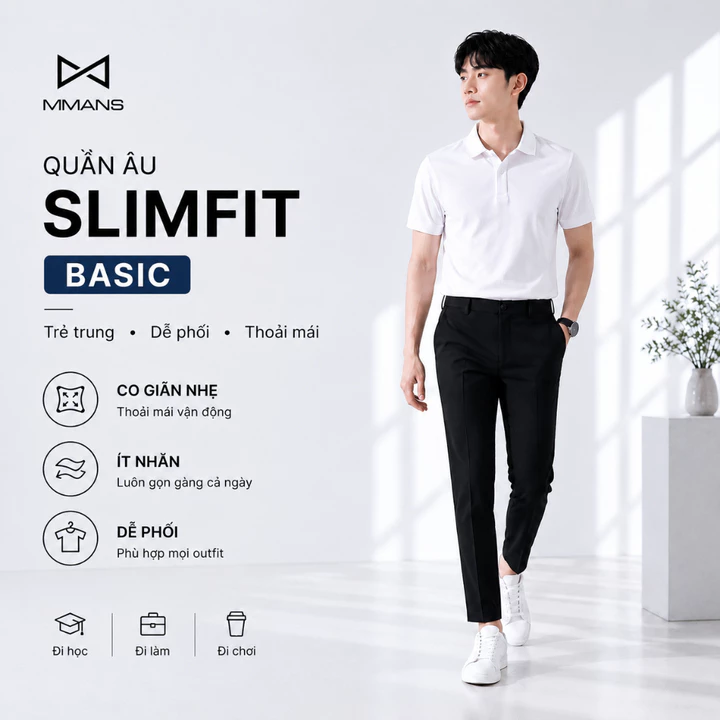Quần âu nam MMANS Basic vải Vitex ống côn co giãn dễ phối